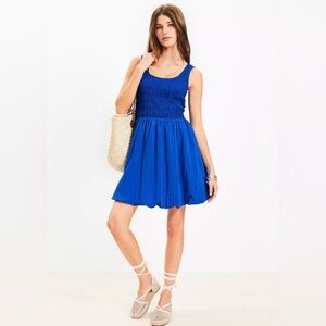 Loft Smocked Scoop Neck Blue Mini Pocket Dress Size L